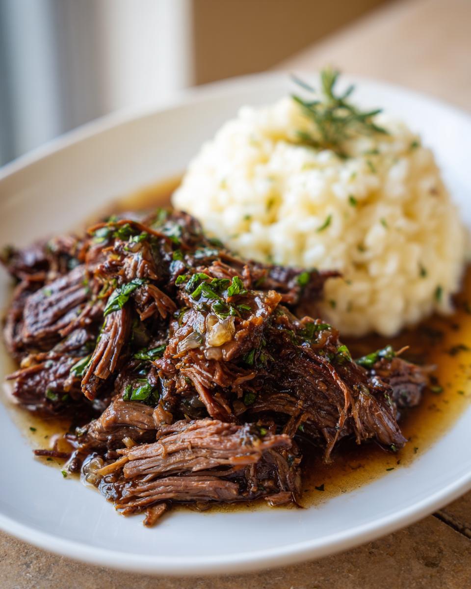 A plate of tender Italian Pot Roast with Parmesan Risotto, garnished with herbs.