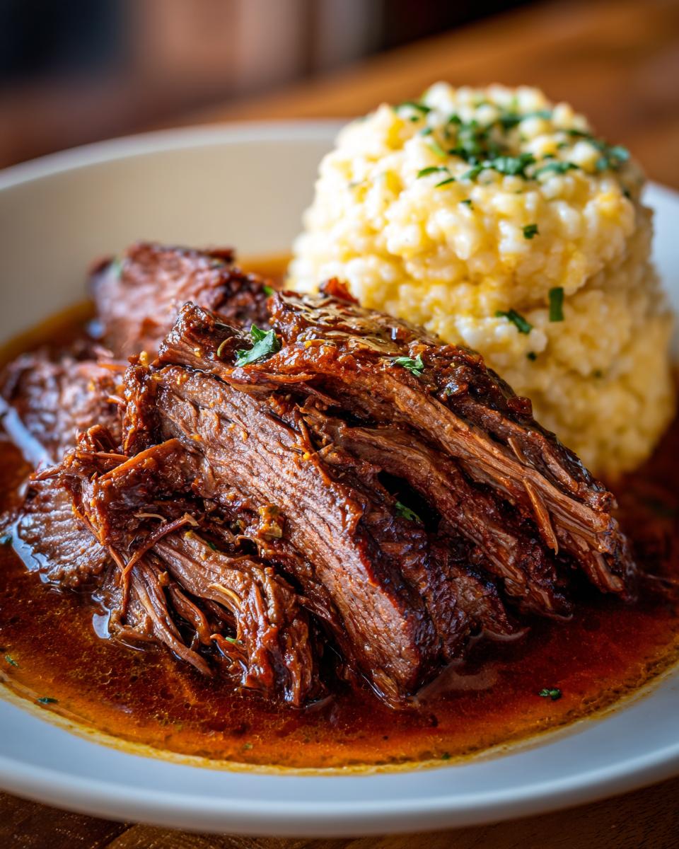 Delicious Italian Pot Roast served with Parmesan Risotto, plated with a rich sauce and fresh herbs.