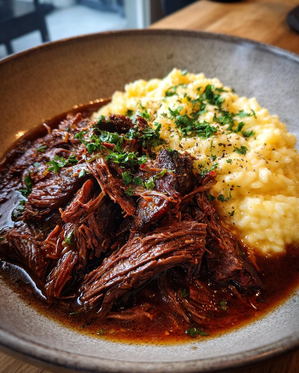 A beautifully plated dish of Italian Pot Roast with Parmesan Risotto, garnished with fresh herbs.