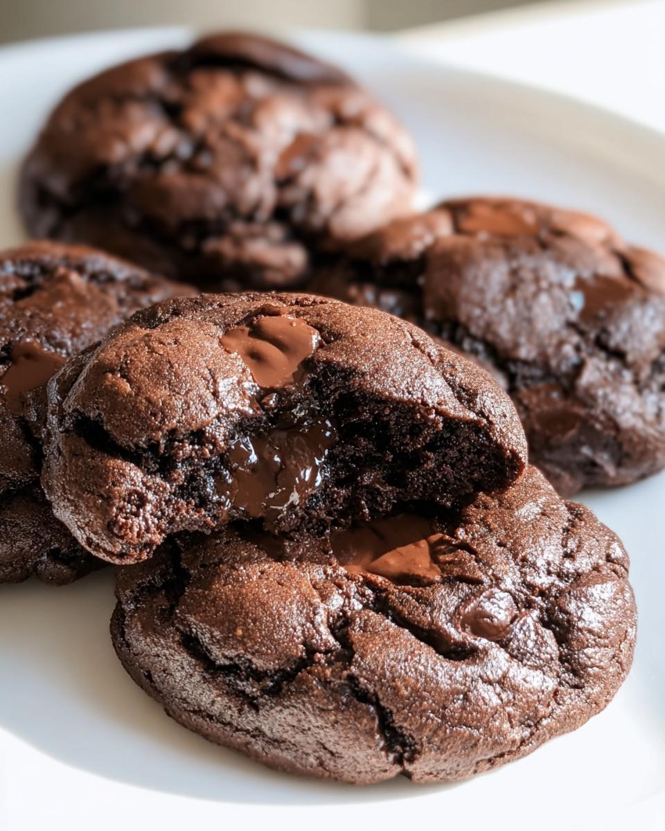 Several Keto Flourless Fudge Cookies on a white plate, one broken in half to show melted chocolate.