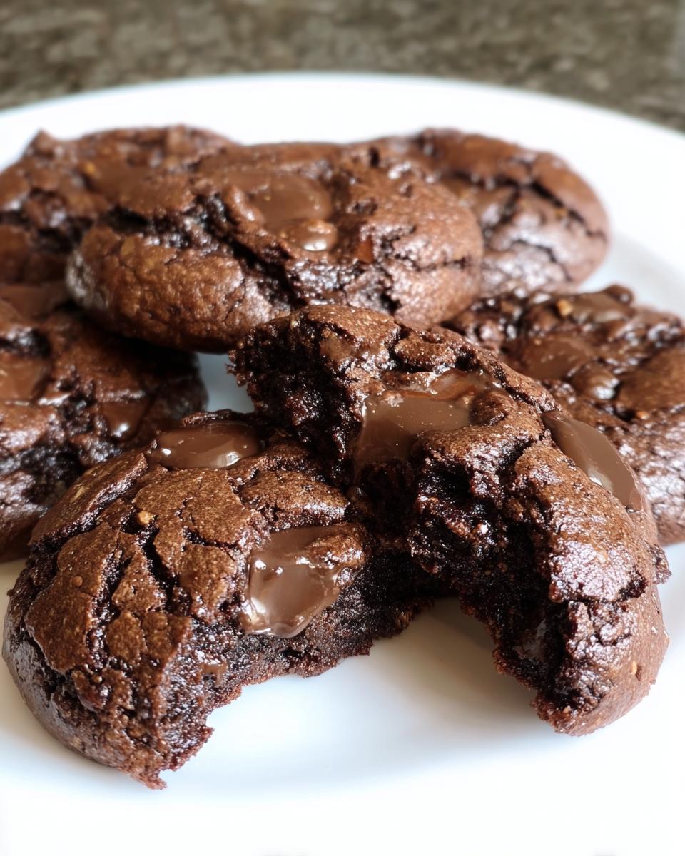 Close-up of Keto Flourless Fudge Cookies, one broken in half to reveal the gooey chocolate center.
