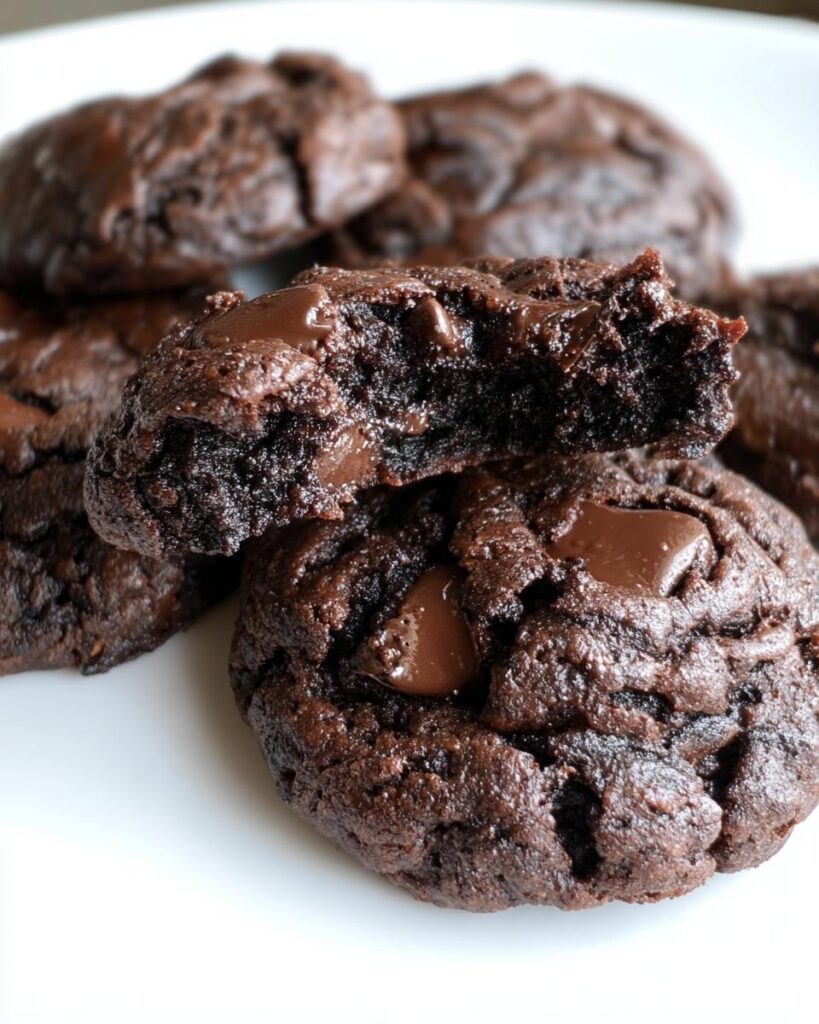 Close-up of Keto Flourless Fudge Cookies, one broken in half to show the soft, fudgy interior.
