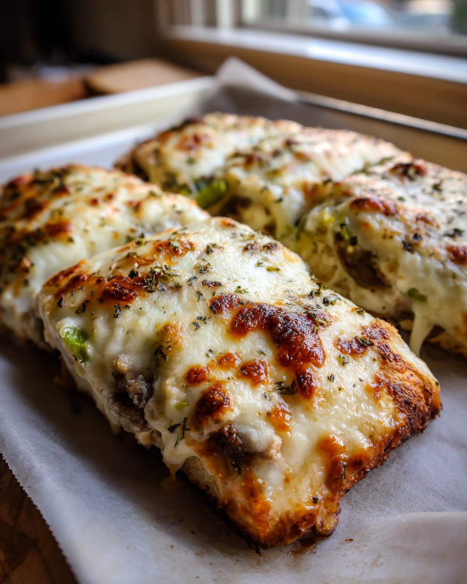 Close-up of Keto Philly Cheesesteak Rolls with melted cheese and herbs on a baking sheet.