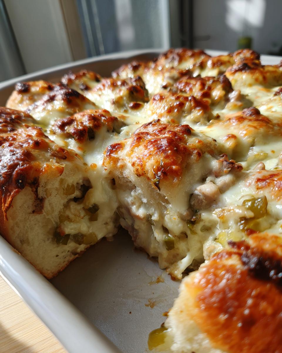 Close-up of Keto Philly Cheesesteak Rolls in a baking dish, featuring melted cheese and visible filling.