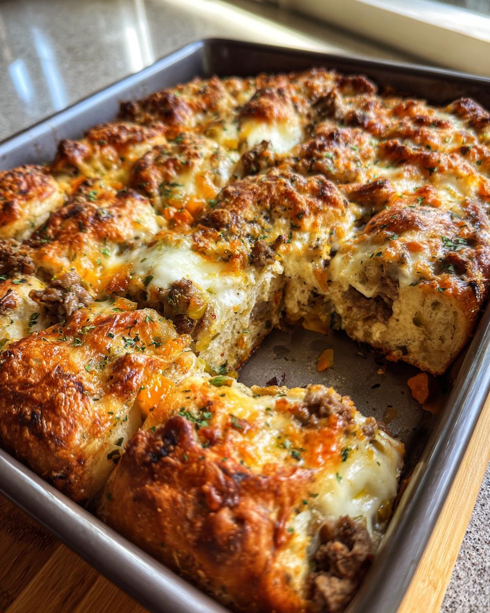 Close-up of baked Keto Philly Cheesesteak Rolls in a baking pan, topped with melted cheese and herbs.