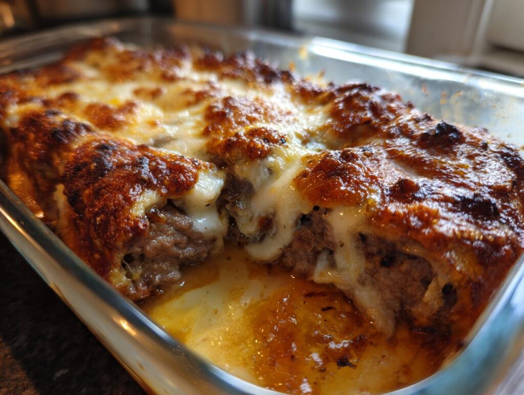 Close-up of baked Keto Philly Cheesesteak Rolls in a glass baking dish, topped with melted cheese.