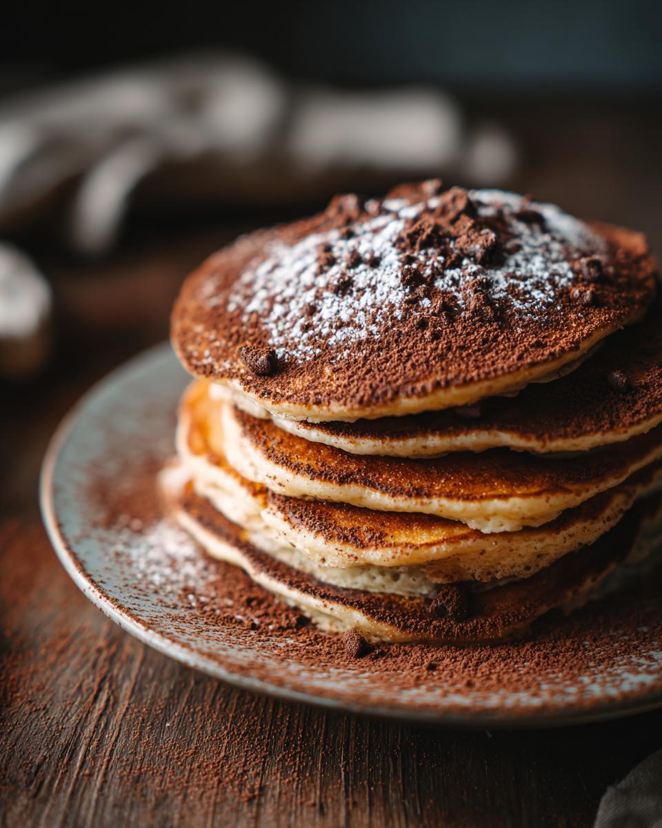 Stack of pancakes dusted with cocoa powder and powdered sugar, representing Keto Philly Cheesesteak Rolls.