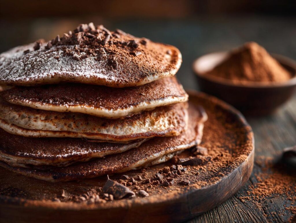 A stack of chocolate pancakes, dusted with cocoa powder, suggesting Keto Philly Cheesesteak Rolls.