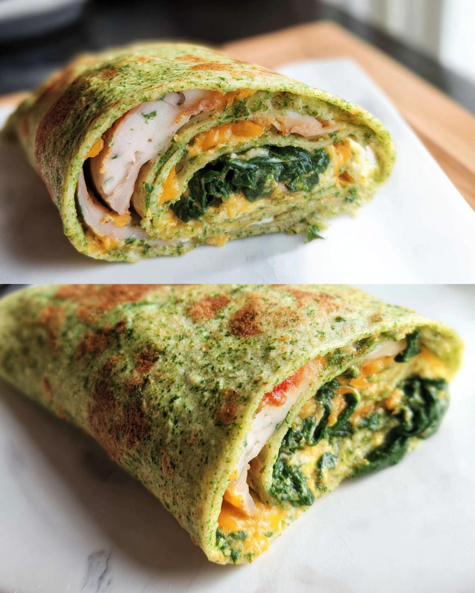 Two views of a Keto Spinach Wrap filled with chicken, spinach, and cheese on a white plate.