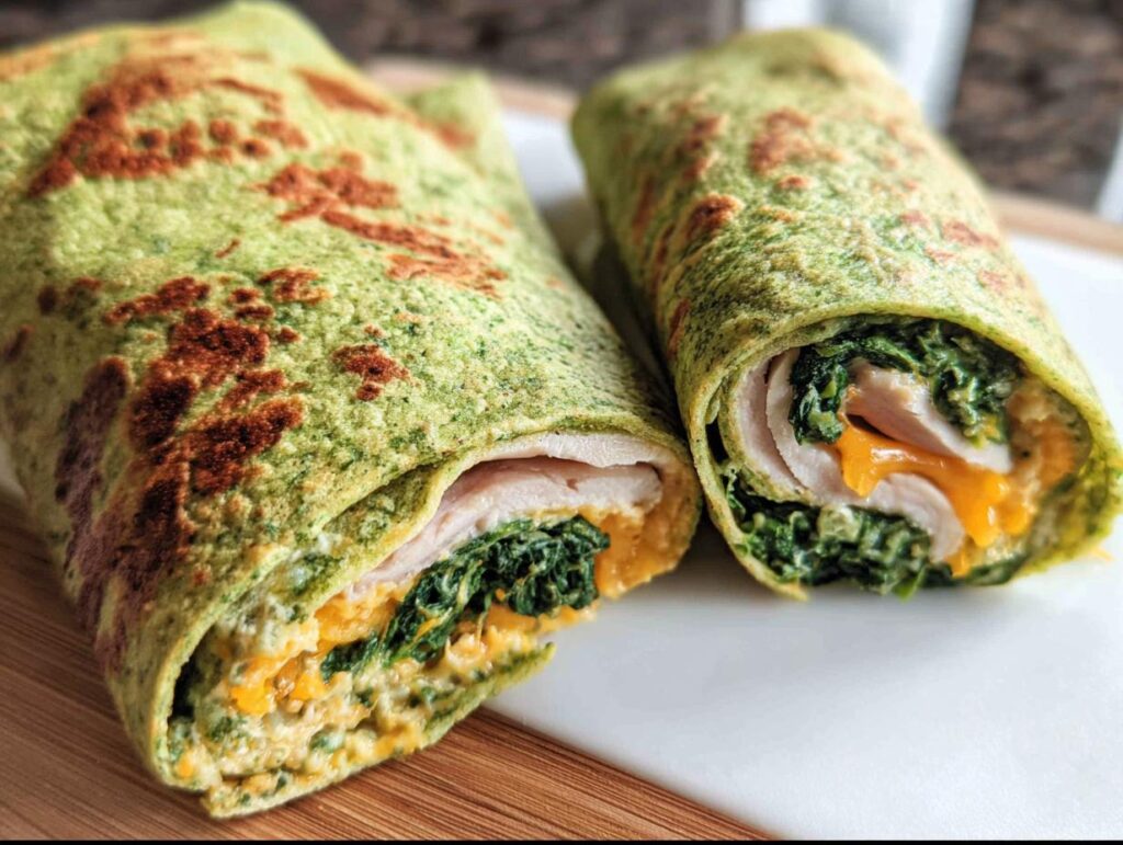 Two halves of a Keto Spinach Wrap filled with chicken, cheese, and spinach on a white plate.
