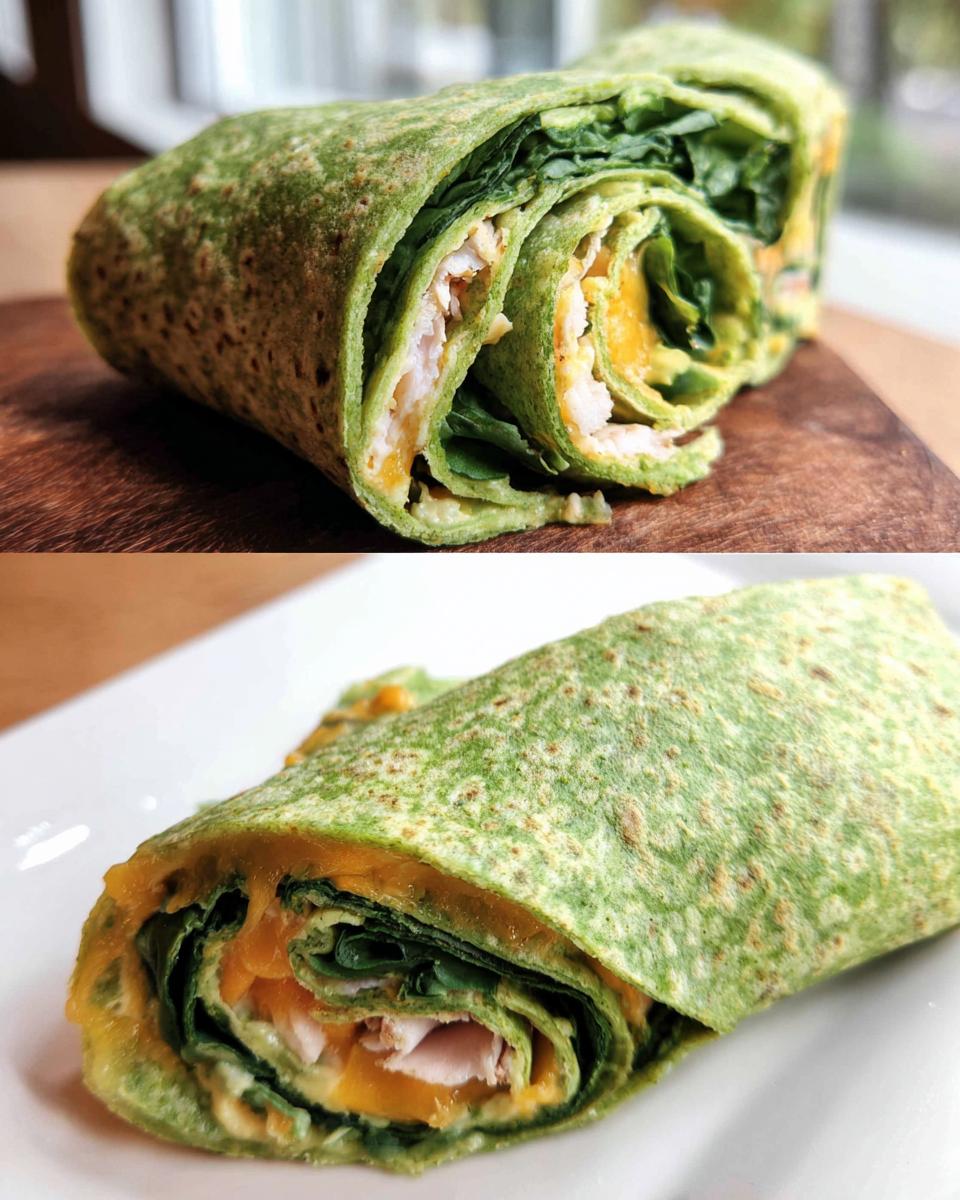 Two views of a Keto Spinach Wrap filled with chicken, cheese, and spinach, showcasing its healthy and delicious ingredients.