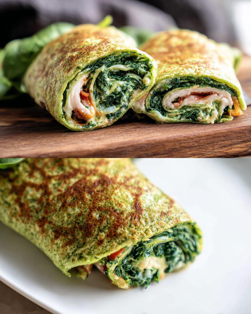 Two halves of a Keto Spinach Wrap showing the spinach wrap and filling of spinach, cheese, and meat.