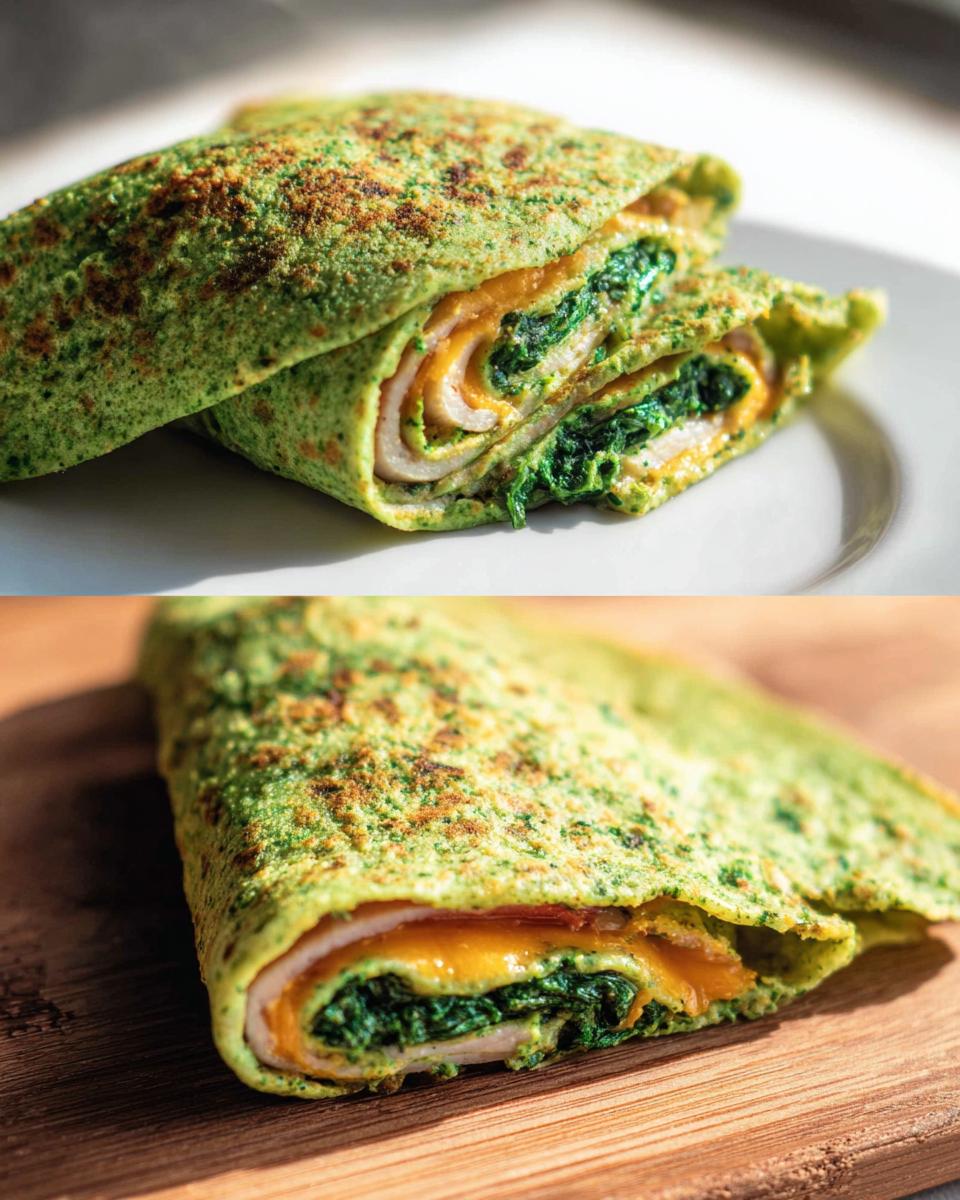 A close-up shows a Keto Spinach Wrap filled with spinach, cheese, and meat, displayed on a plate and wooden board.