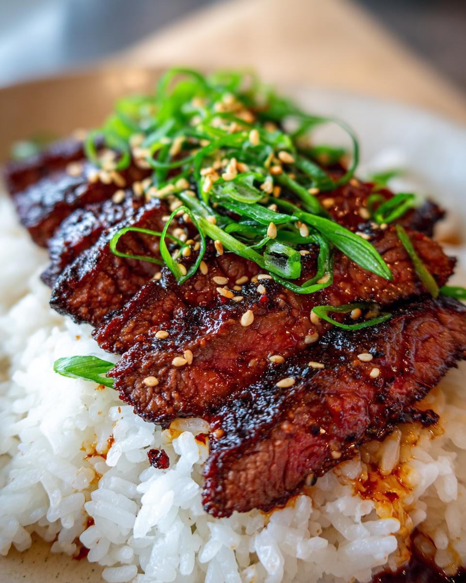 Close-up of Korean BBQ Steak Rice bowl, topped with sliced scallions and sesame seeds.