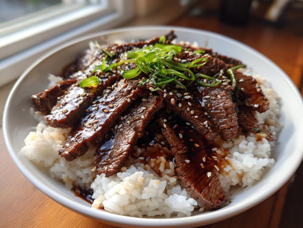 A delicious bowl of Korean BBQ Steak Rice topped with green onions and sesame seeds.