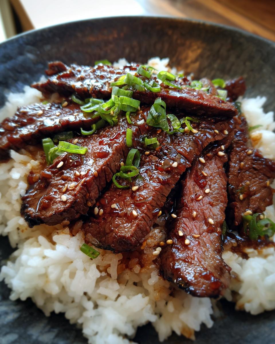 A delicious bowl of Korean BBQ Steak Rice, topped with sliced green onions and sesame seeds.