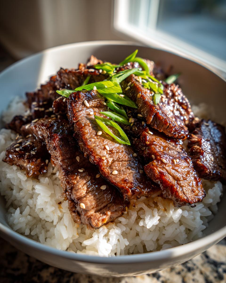 A delicious bowl of Korean BBQ Steak Rice, topped with fresh green onions and sesame seeds.