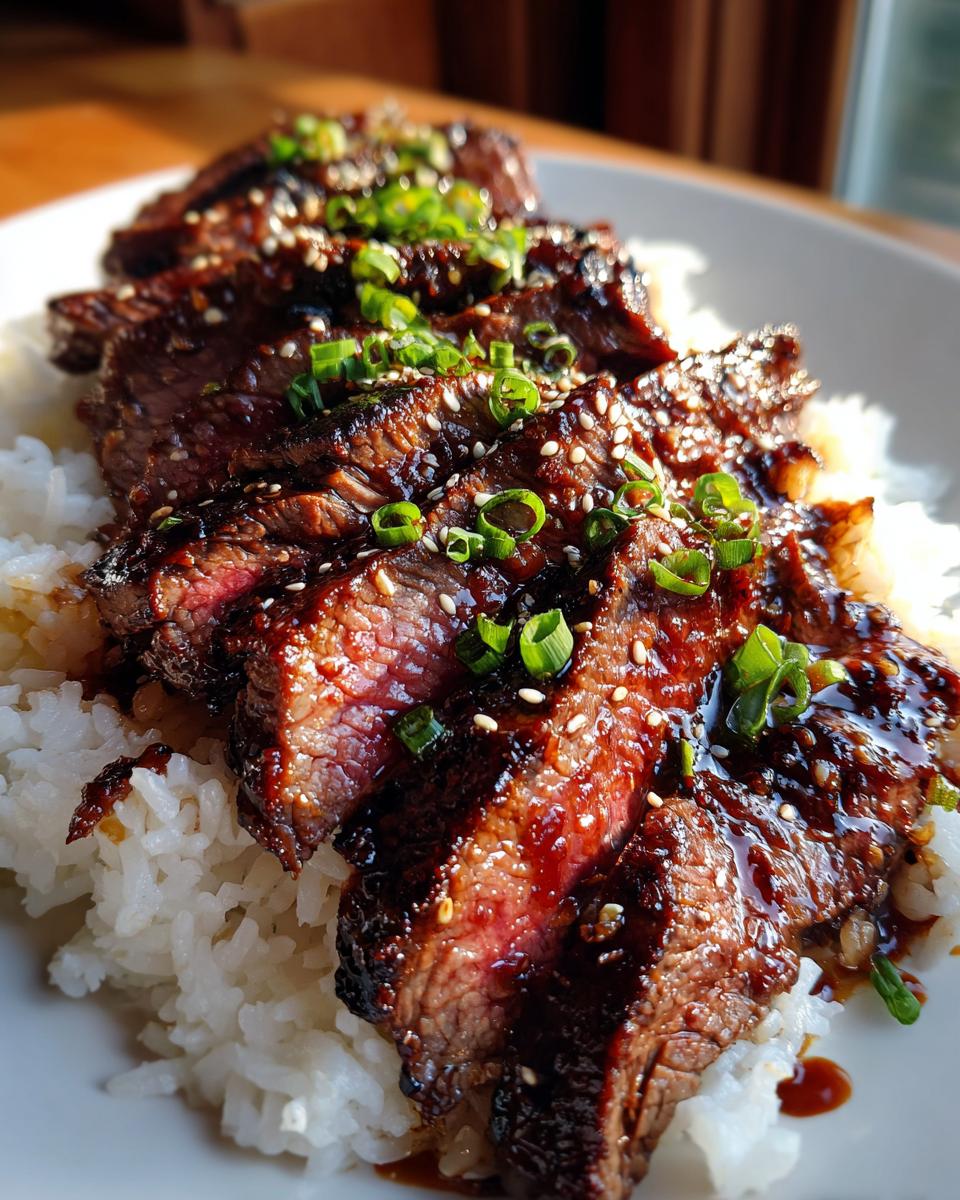 Close-up of Korean BBQ Steak Rice bowl with sliced steak, rice, sesame seeds, and green onions.