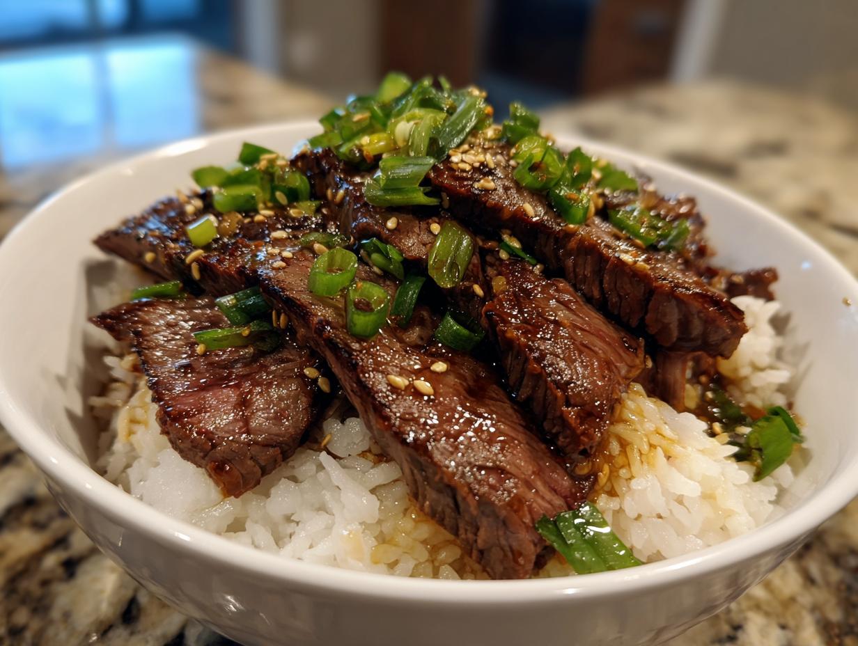 A flavorful Korean BBQ Steak Rice bowl topped with green onions and sesame seeds.