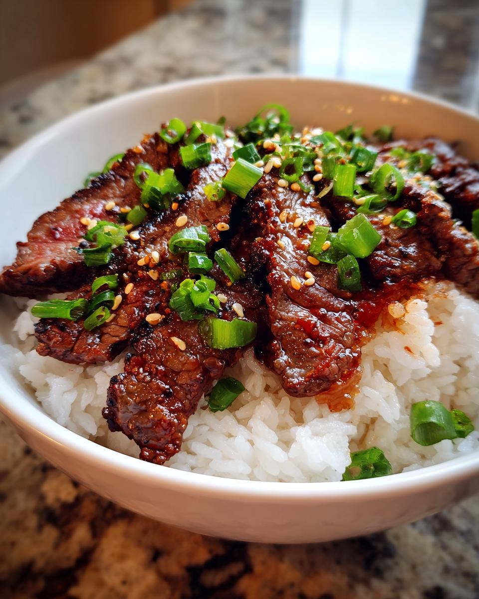 A delicious bowl of Korean BBQ Steak Rice topped with sliced green onions and sesame seeds.