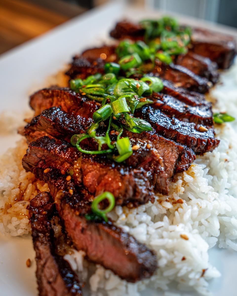 Delicious Korean BBQ Steak Rice plated on a white dish, topped with fresh scallions.