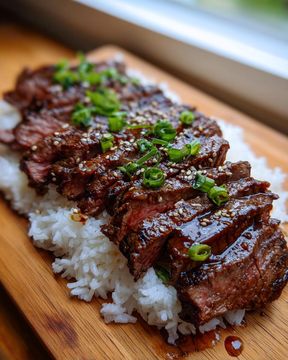 Close-up of Korean BBQ Steak Rice, featuring sliced steak on rice, garnished with sesame seeds and green onions.
