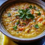 Close-up of Lebanese Lemon Lentil Soup in a bowl, garnished with parsley and spices. A lemon wedge is visible.
