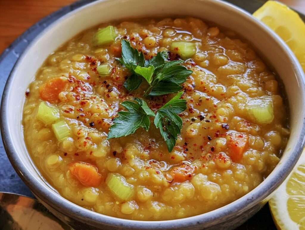 A bowl of Lebanese Lemon Lentil Soup, garnished with parsley, red pepper flakes, and lemon wedges.