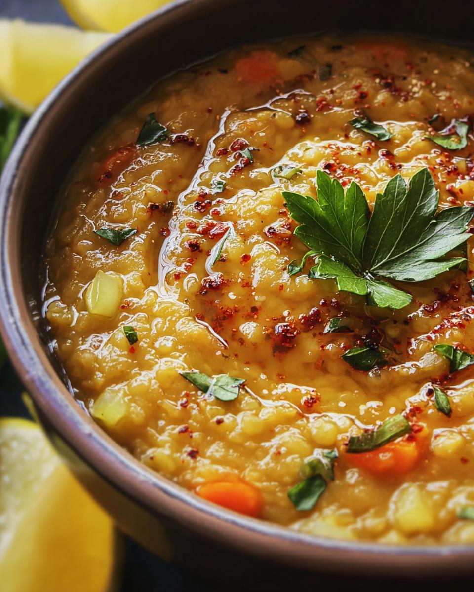 Bowl of Lebanese Lemon Lentil Soup, garnished with parsley and spices, with lemon wedges.