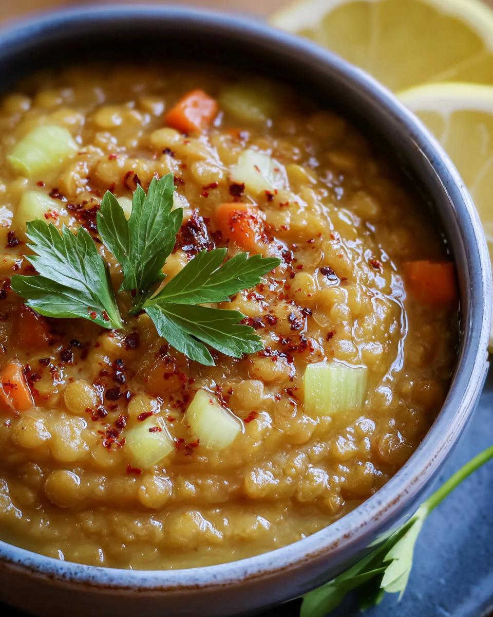 Close-up of Lebanese Lemon Lentil Soup in a bowl, garnished with parsley, spices, and lemon.