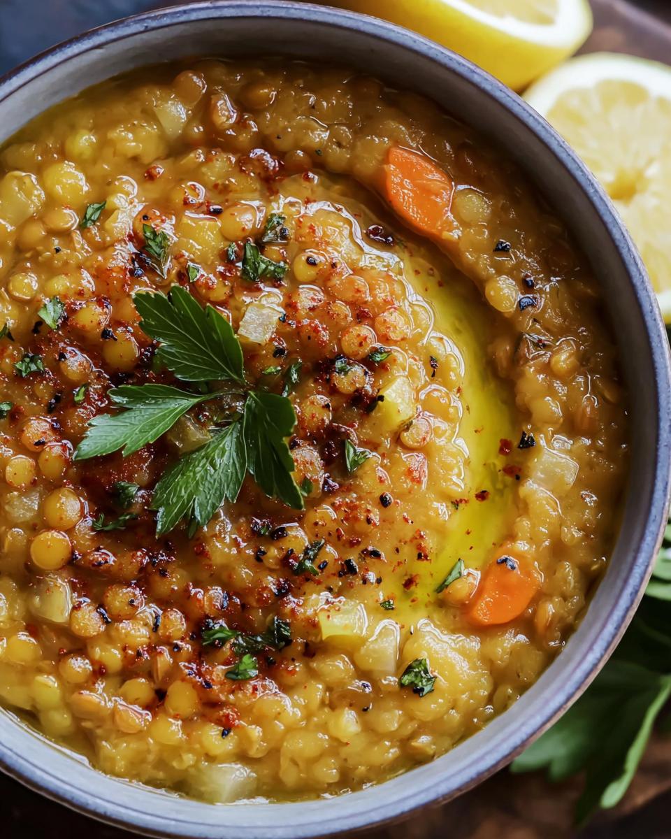 Overhead shot of Lebanese Lemon Lentil Soup in a bowl, garnished with parsley, spices, and a lemon wedge.