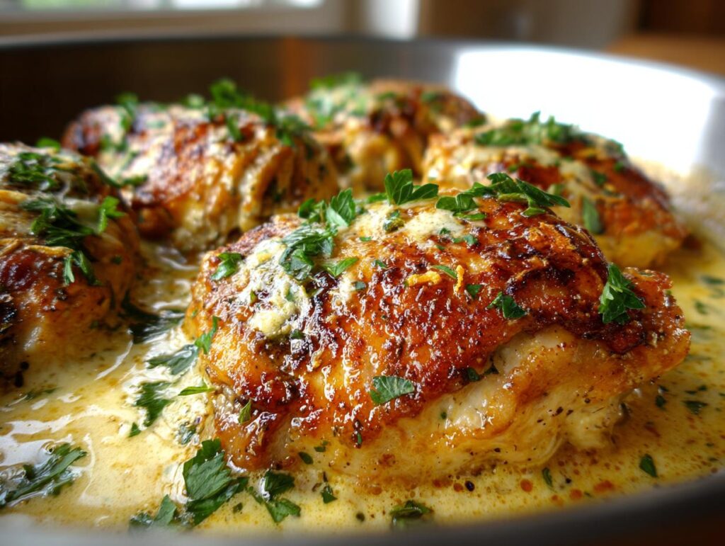 Close-up of Lemon Chicken Romano in a pan with creamy sauce and fresh parsley garnish.