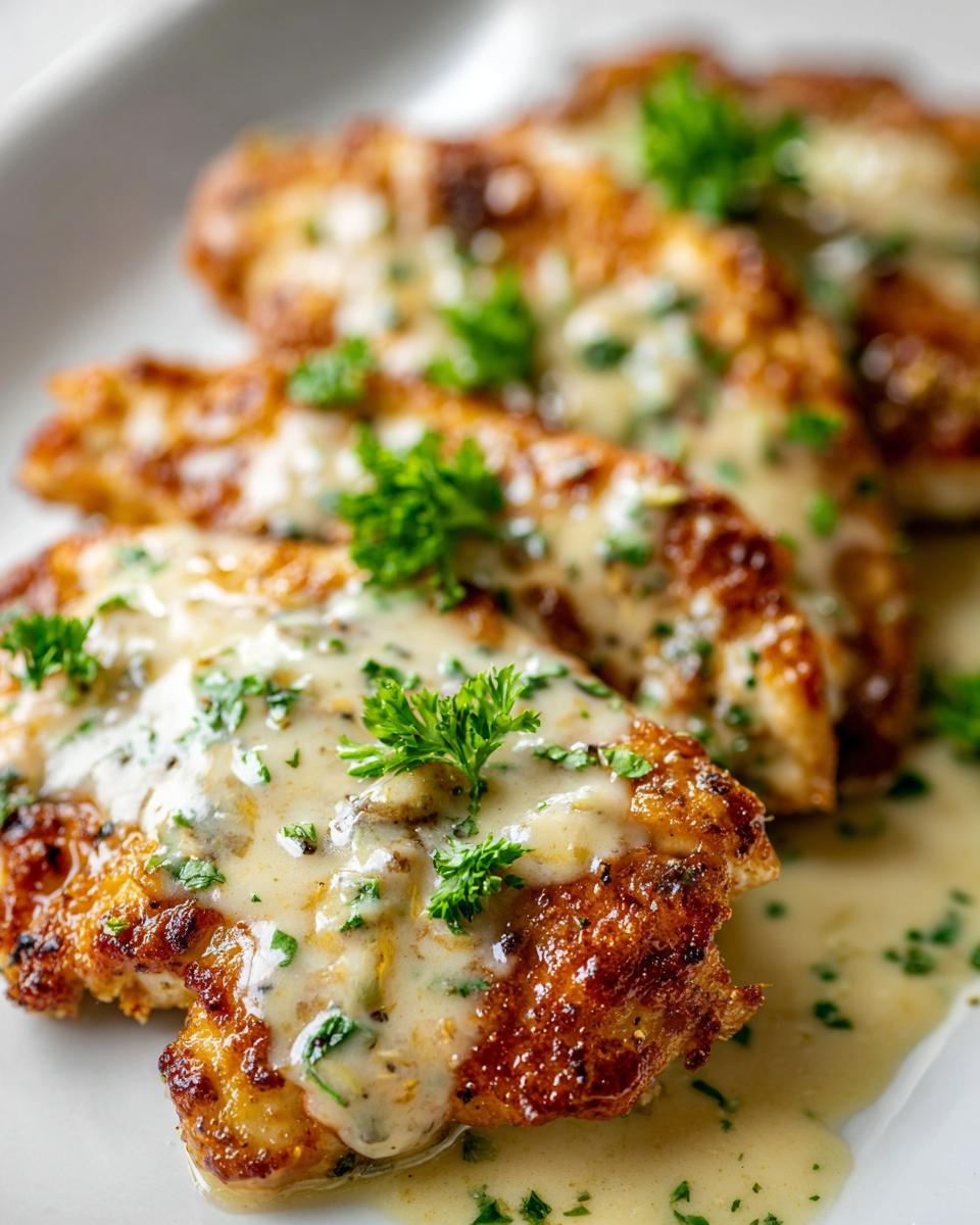 Close-up of Lemon Chicken Romano with creamy sauce and fresh parsley garnish on a white plate.