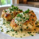 Two pieces of Lemon Chicken Romano on a plate, topped with creamy sauce and fresh parsley.