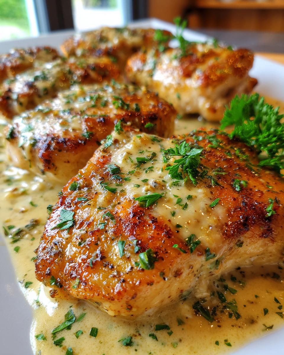 Close-up of Lemon Chicken Romano plated with creamy sauce and parsley garnish, ready to serve.