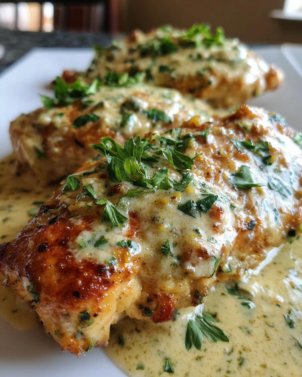 Three pieces of Lemon Chicken Romano plated with creamy lemon sauce and fresh parsley garnish.