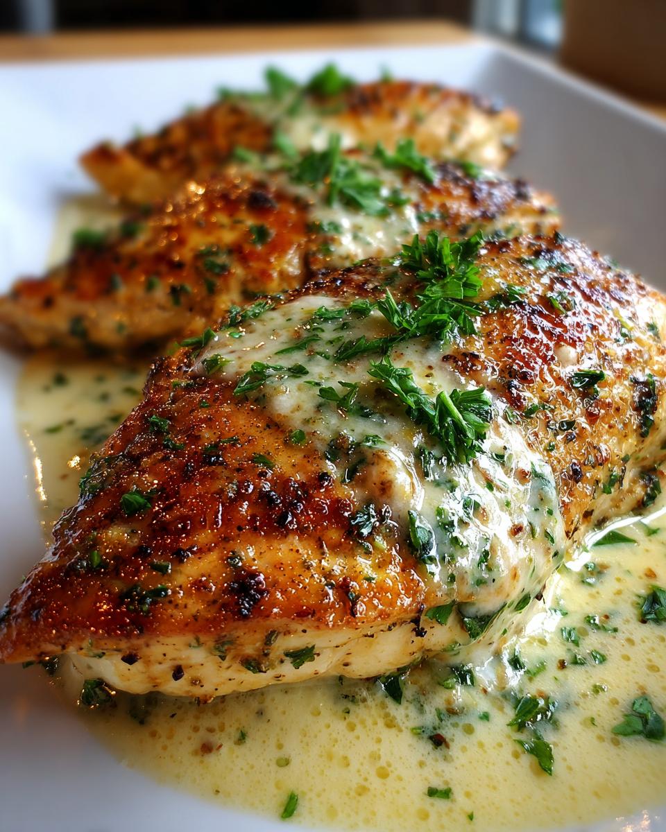 Three pieces of Lemon Chicken Romano on a white plate, drizzled with sauce and garnished with fresh parsley.