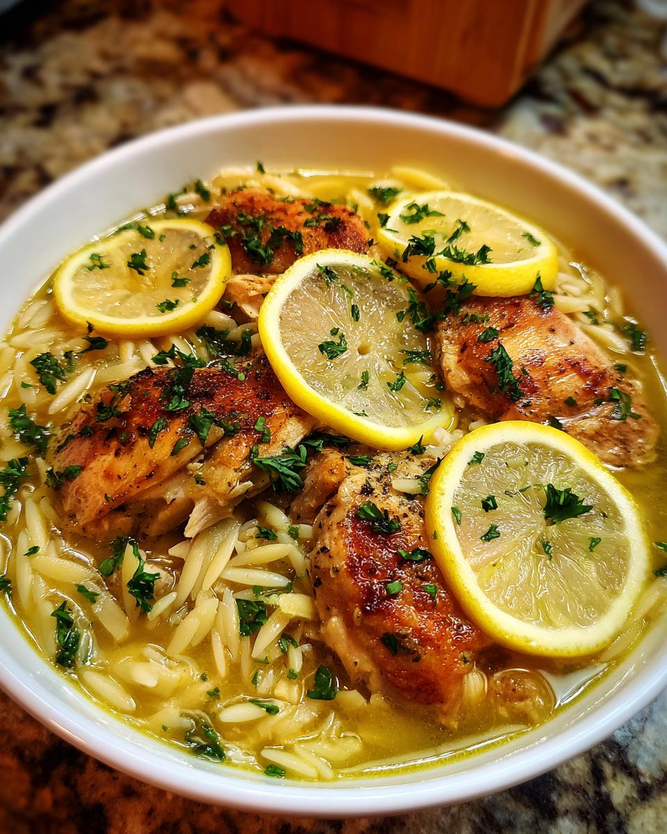 A comforting bowl of Lemon Chicken Soup with orzo pasta, garnished with lemon slices and fresh parsley.