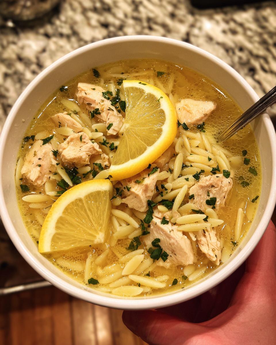 A comforting bowl of Lemon Chicken Soup with orzo pasta, tender chicken, and bright lemon slices.