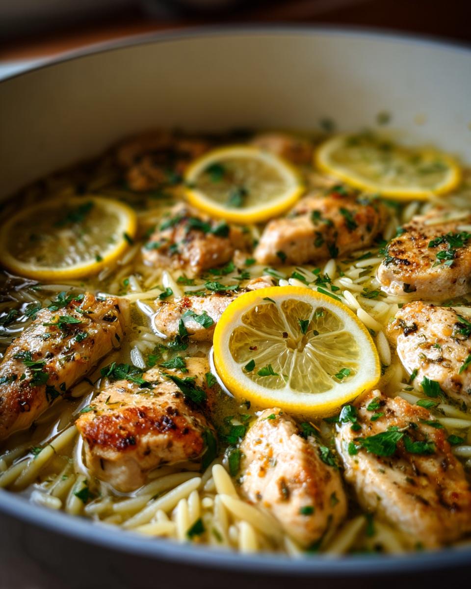Close-up of Lemon Chicken Soup with orzo pasta, chicken pieces, lemon slices, and fresh herbs.
