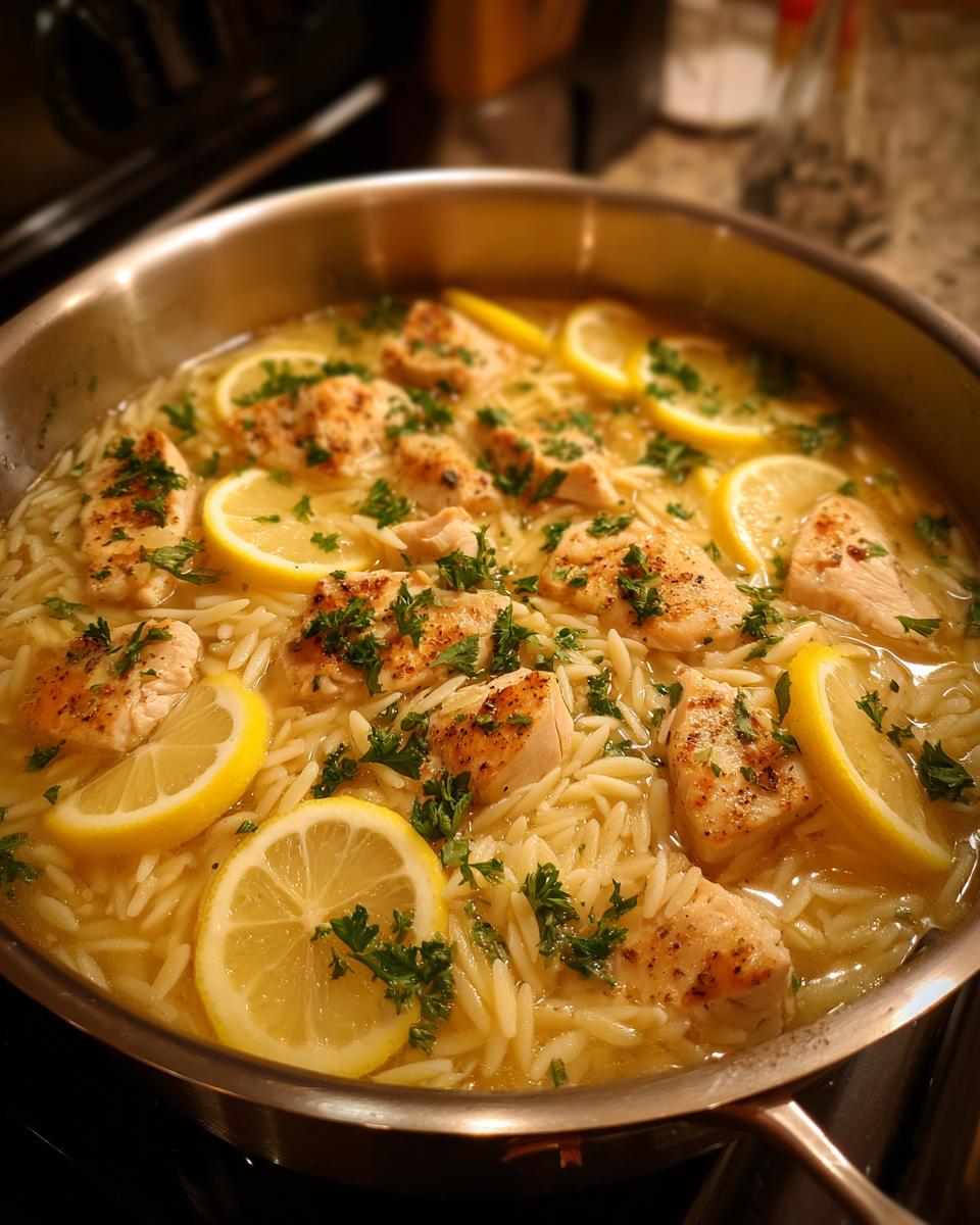 A pot of Lemon Chicken Soup with orzo pasta, lemon slices, and parsley garnish.