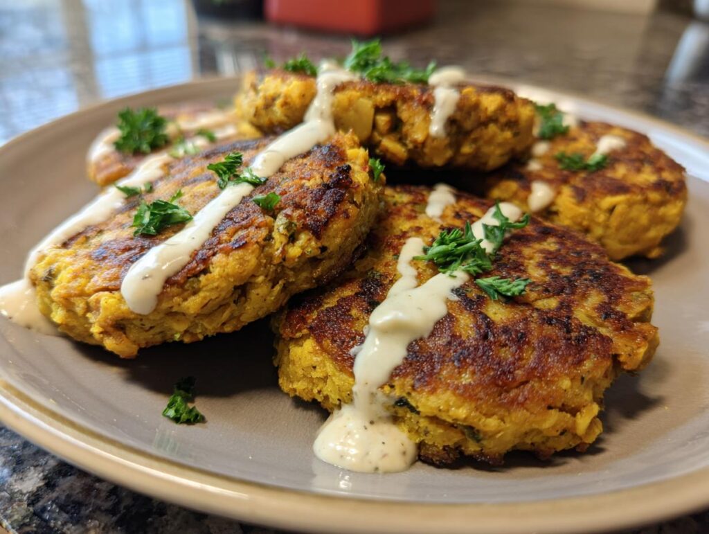 A plate of Lemon Chickpea Patties drizzled with yogurt sauce and garnished with parsley.