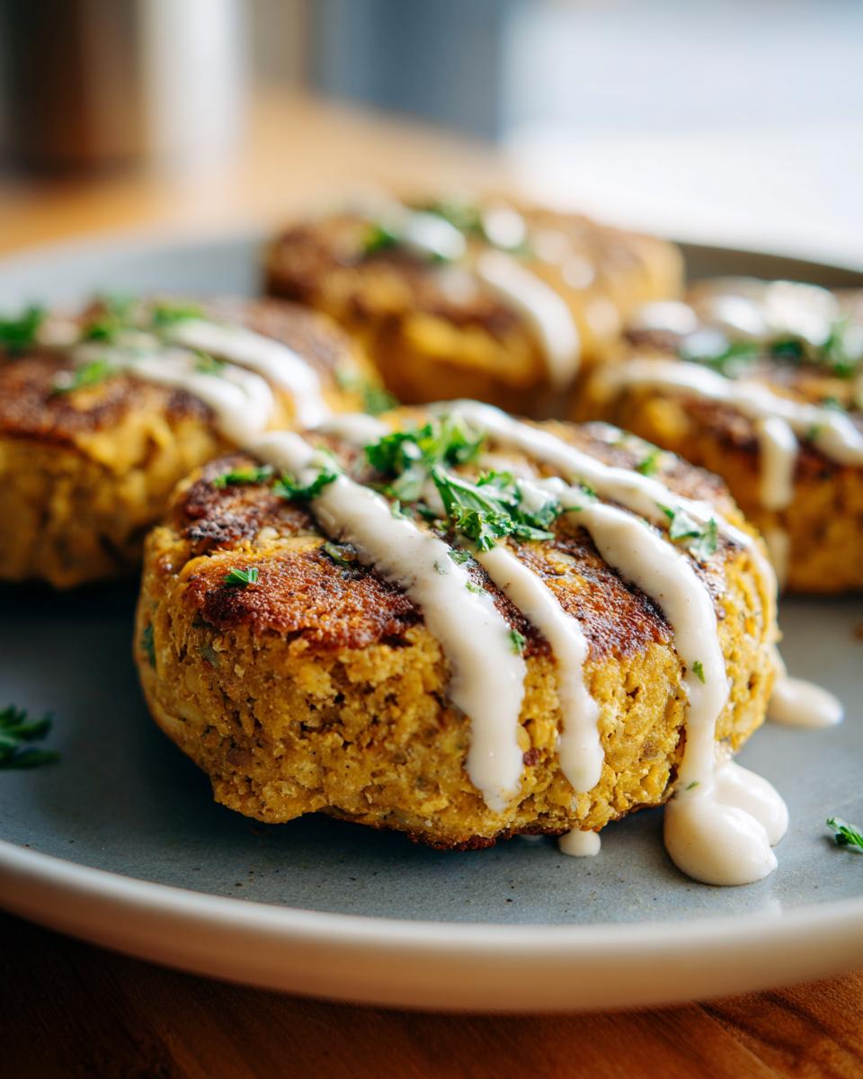 Close-up of Lemon Chickpea Patties with Yogurt drizzle and parsley garnish on a blue plate.