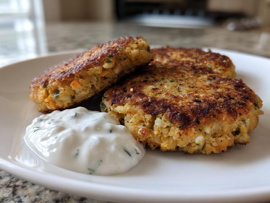 Three Lemon Chickpea Patties with Yogurt Sauce on a white plate, ready to eat.
