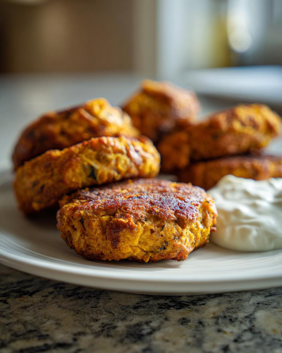 A plate of golden-brown Lemon Chickpea Patties served with a dollop of creamy yogurt sauce.