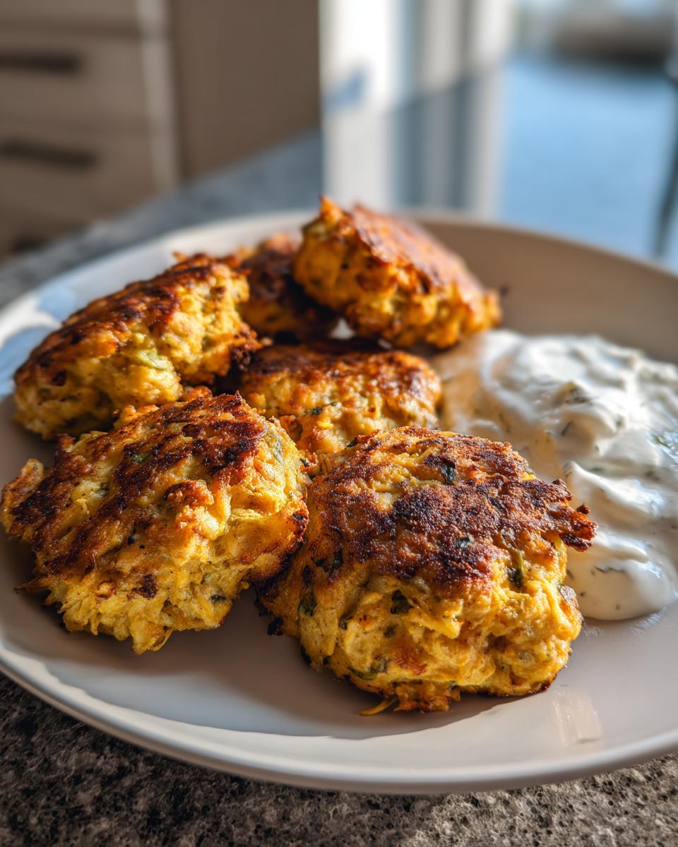 A plate of golden-brown Lemon Chickpea Patties served with a creamy yogurt sauce.