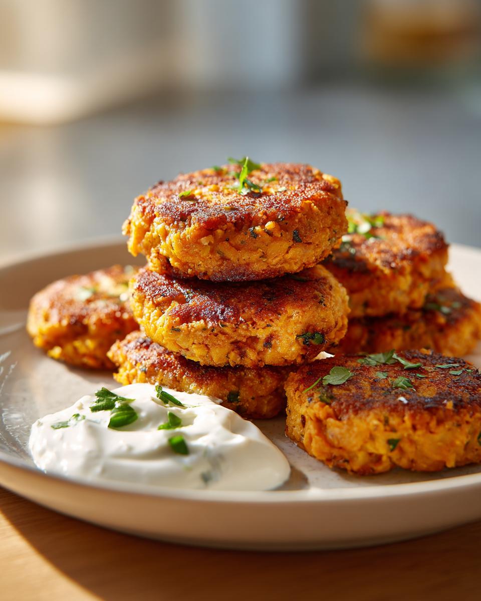 A stack of Lemon Chickpea Patties with Yogurt Sauce, garnished with fresh herbs on a plate.