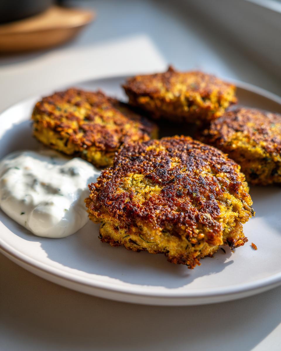 Plate of golden Lemon Chickpea Patties served with a creamy yogurt sauce.
