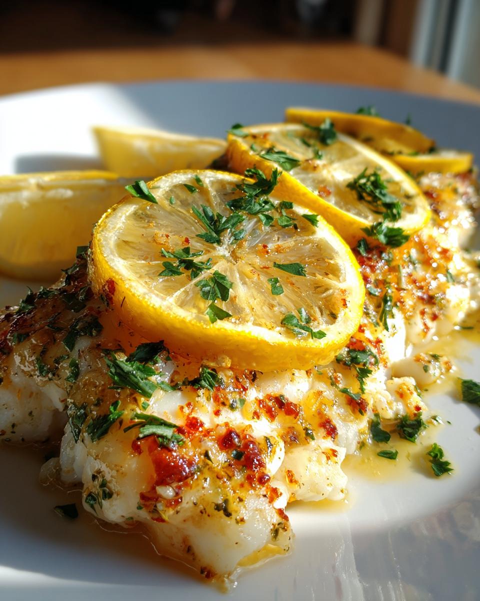 Close-up of fish with lemon and herbs, glazed with a garlic butter sauce. Not Crockpot Garlic Butter Beef.