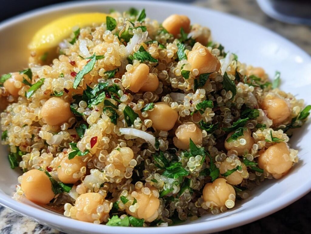 A bowl of Lemon Herb Quinoa Chickpeas, garnished with fresh herbs and a lemon wedge.